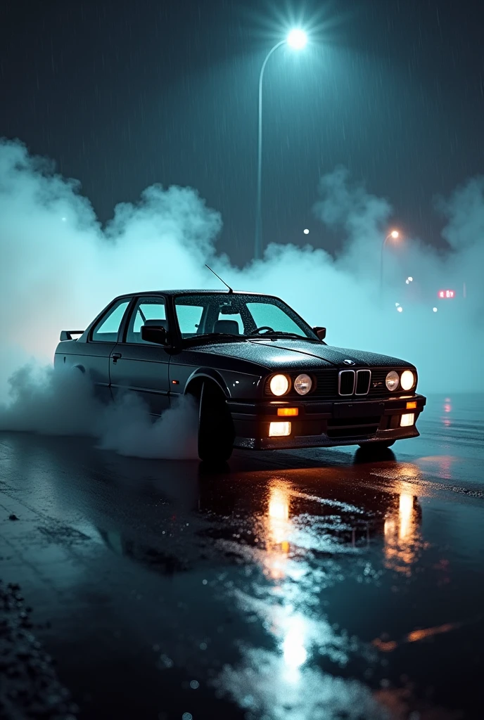 Bmw e30 drifting in the night and rain with a lot of smoke with no driver