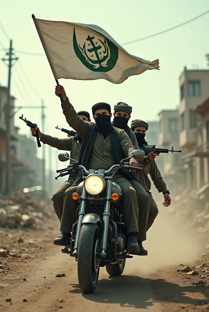 Create an image if taleban holding their flag on a motor scycle
