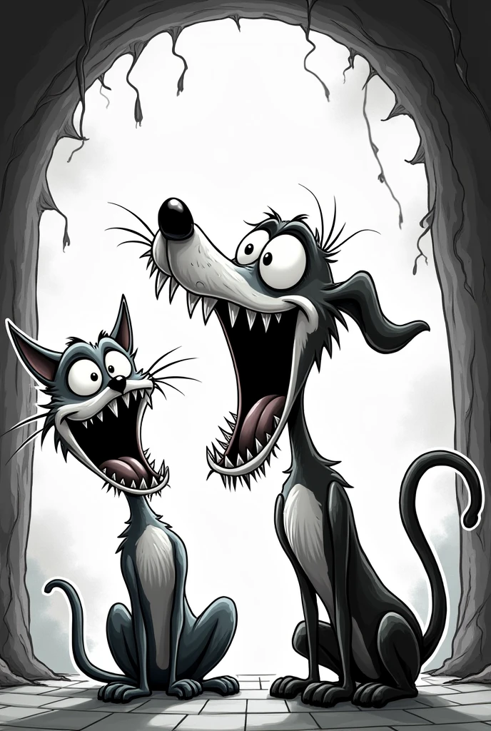 Tim Burton style cartoon of frightened bristling dog and cat with mouths open looking up in black and white