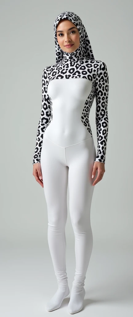 A beautiful Asian Muslimah women with nice cheeks wear white leopard print Lycra turtleneck unitard catsuit and white leopard print Lycra dancewear zentai hood-like hijab that is very stretchy.