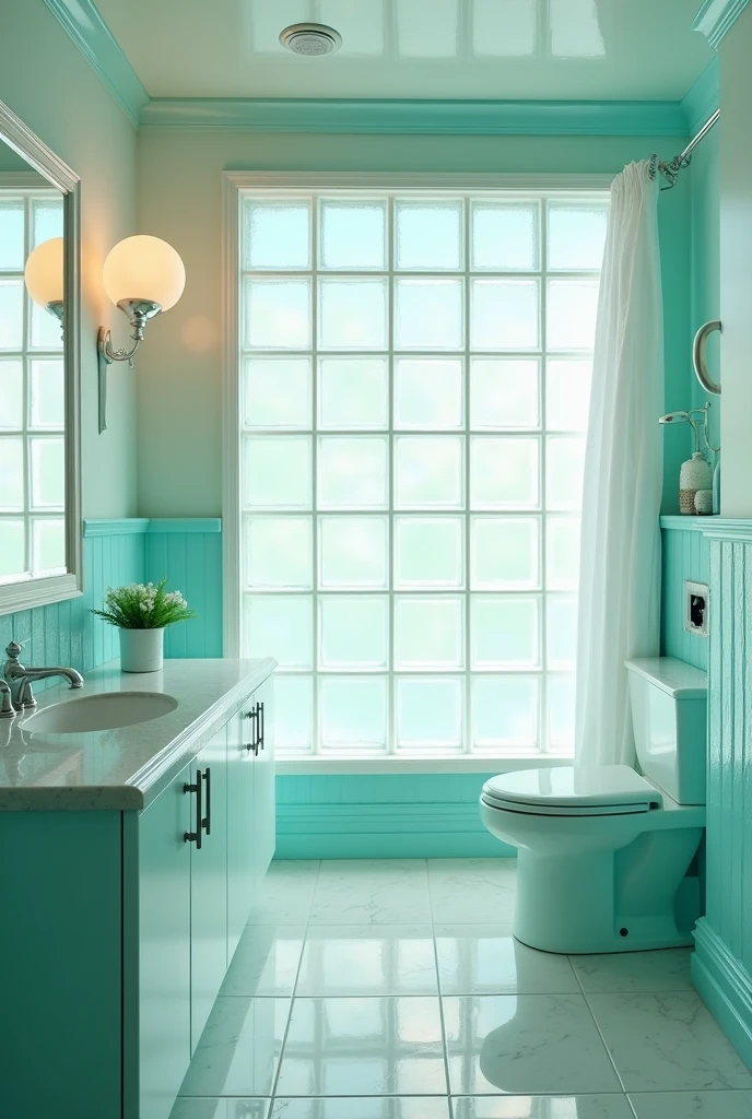 A bathroom with Blass Bock retro style from the 80s in white with turquoise that looks very retro and with an 80s film filter 