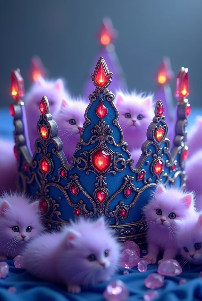 Blue crown with red crystals with little crystals drawn with purple kittens