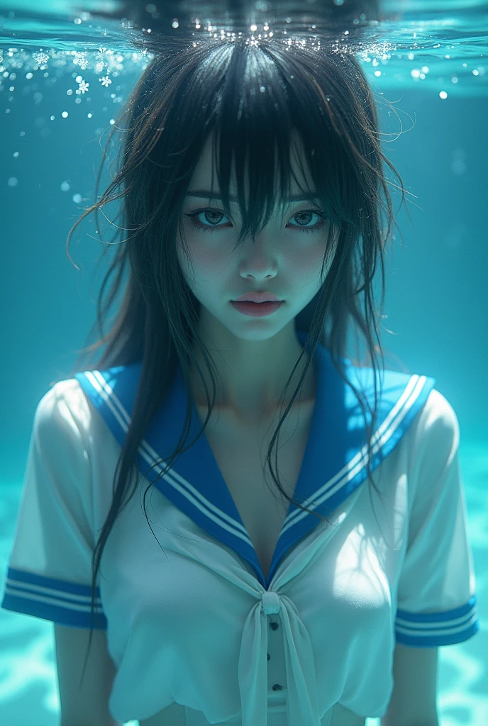 (see-through:1.3),white serafuku,sailor dress, white theme,school uniform, sailor suit, looking at viewer,  insanity, messy long hair, beautiful detailed eyes,Hair glows,dramatic angle,blue sailor collar, perky breasts,light smile,partially underwater shot...