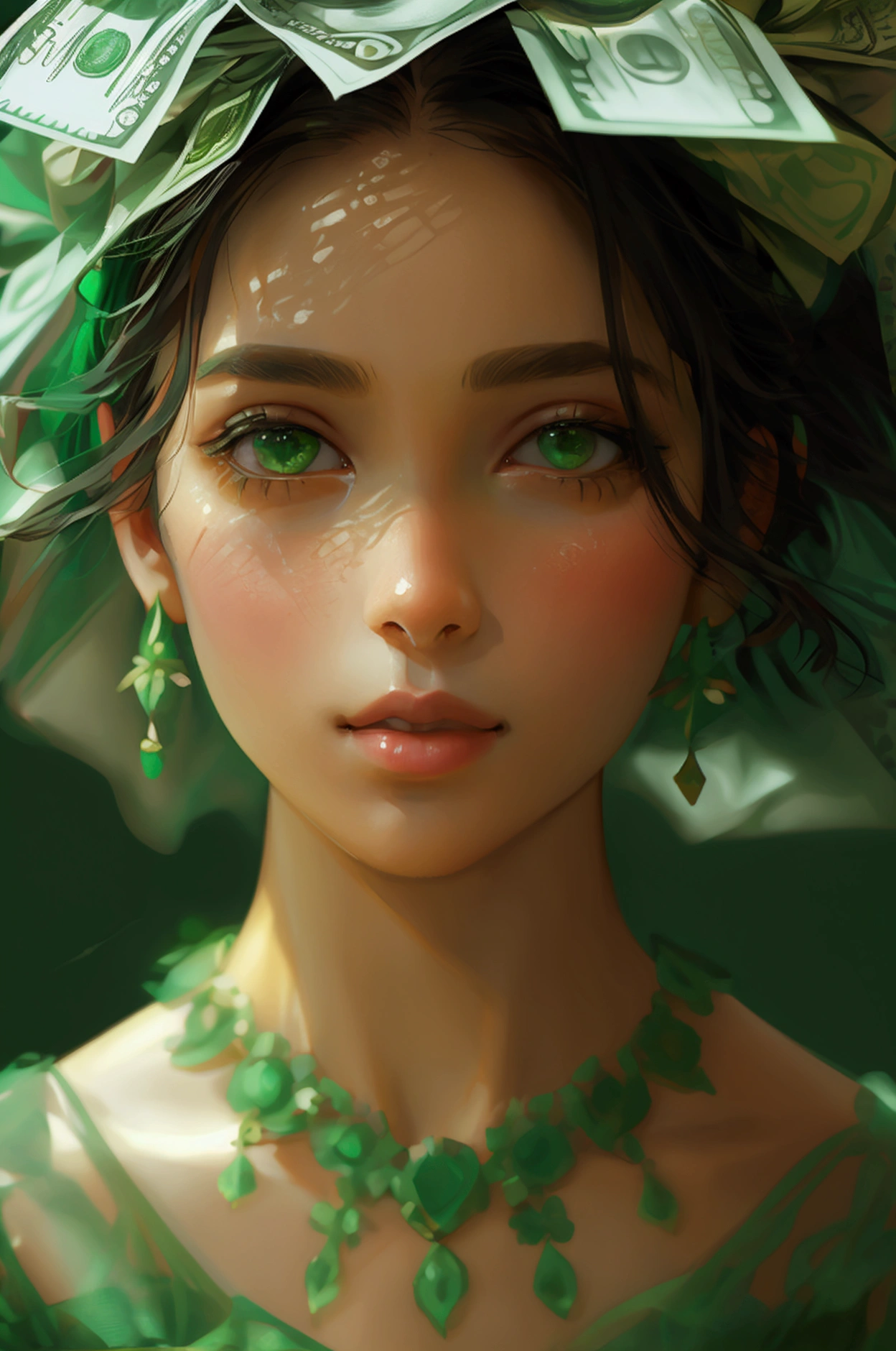 girl wearing green dress, she cover her face with money lke she is keeping some sereat
