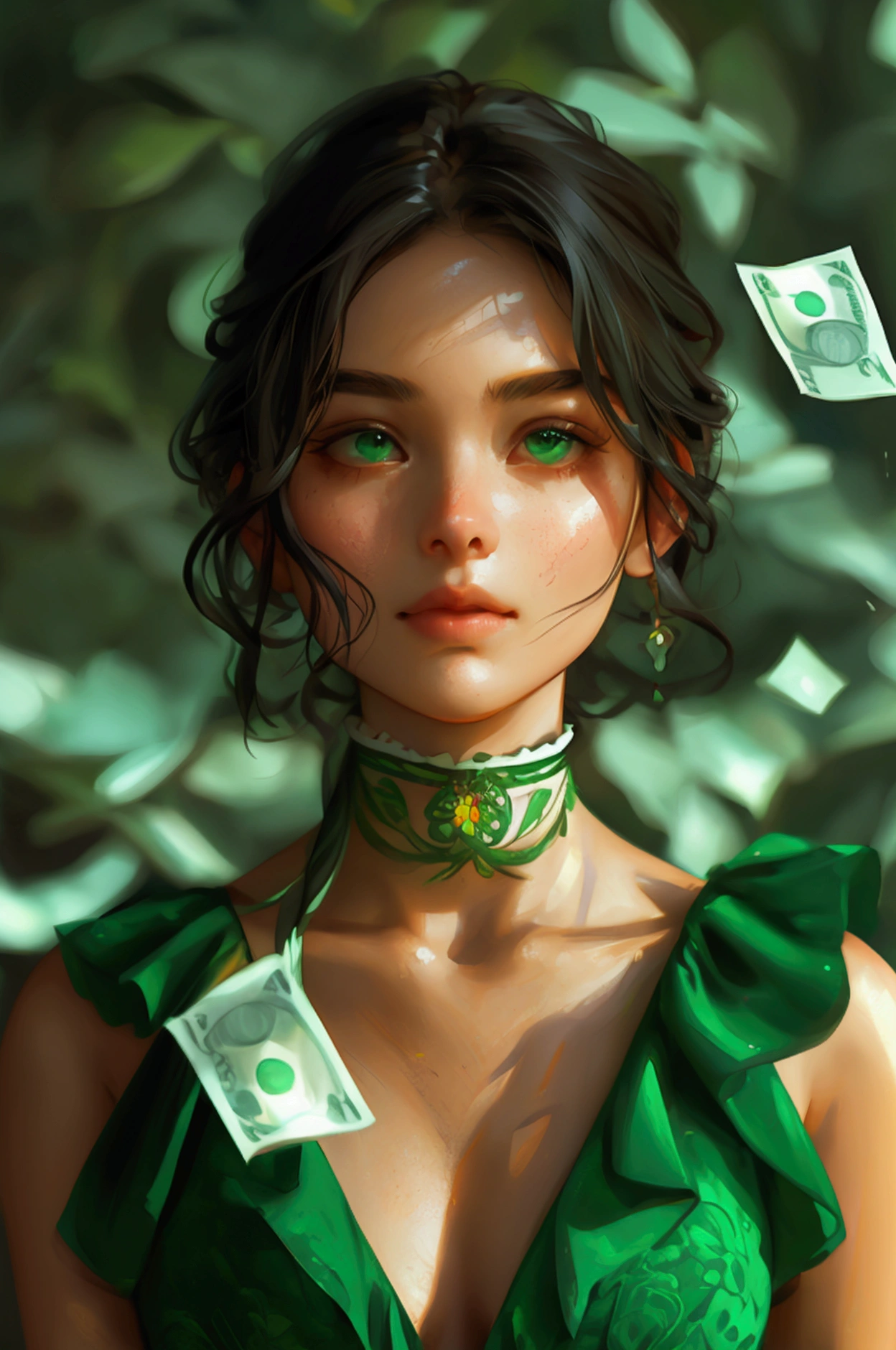 girl wearing green dress, she cover her face with money lke she is keeping some sereat 