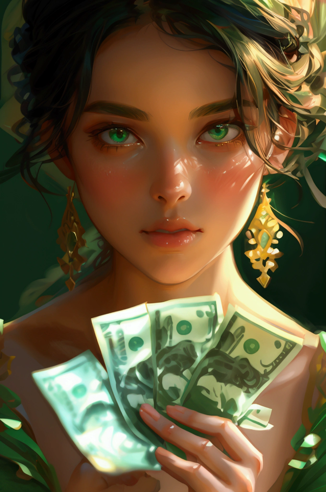 girl wearing green dress, she cover her face with money lke she is keeping some sereat 