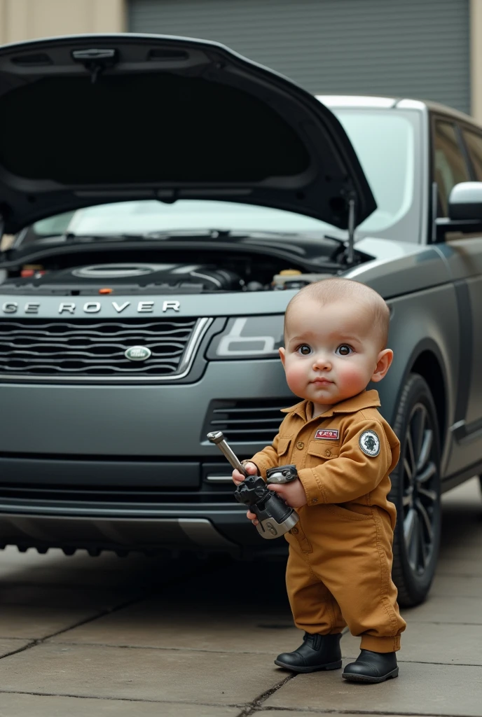 Rang rover  bonet open and  technician infront of tha vehicle With a tool in his hand
