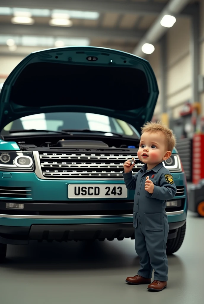 Rang rover bonet open and baby technician infront of tha vehicle With a tool in his hand