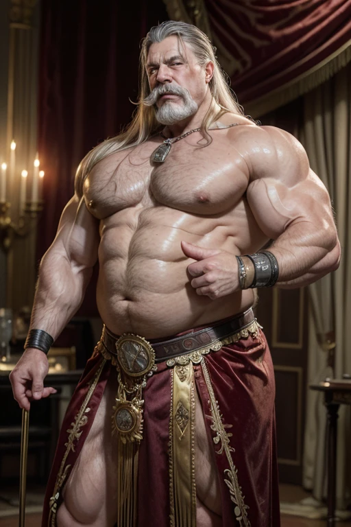 Hyperrealistic image of a steampunk pool dancer, superhero with grey hair and very long hair, Very old and very sweaty bodybuilder over 80 years old..Very muscular and fat, he weighs more than 200 kilos with his torso naked., large and flaccid pectorals, Brown nipples and big grey mustaches standing in the middle of a stage with a Victorian red velvet curtain in the background and lots of brass candelabras with a little velvet and satin skirt with gold embroidery.