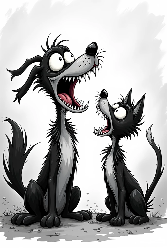  Tim Burton style cartoon of frightened bristling dog and cat with mouths open looking up in black and white