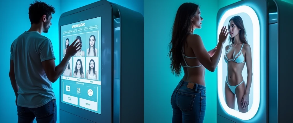 A before and after photo sequence:
**Image 1 (Left Panel - Before):** On the left side, a man in his late 20s with short, dark hair, wearing casual clothing (jeans and a plain t-shirt), stands in front of a sleek, futuristic machine with a large screen displaying a transformation app. The room is softly lit with subtle blue neon lights, giving it a high-tech feel. The man looks at the screen with curiosity and anticipation as he prepares for the transformation.
**Image 2 (Right Panel - After):** On the right side, the man has been transformed into a woman. She has long, flowing hair and is dressed in a stylish, futuristic bikini. The machine glows with bright, swirling lights, having just completed the transformation. The woman looks at her reflection on the screen, which now shows her new appearance. Her expression is one of surprise and amazement as she touches her new face, exploring her transformed features.
