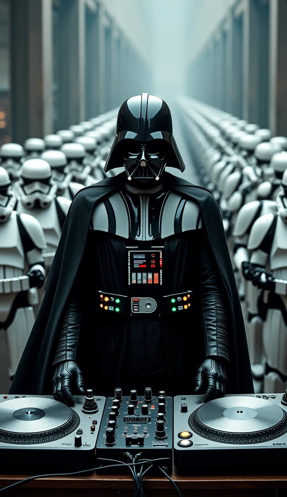 darth vader Djing on Technics Sl1210s and a old school 2 channel dj mixer in between lines of marching stormtroopers