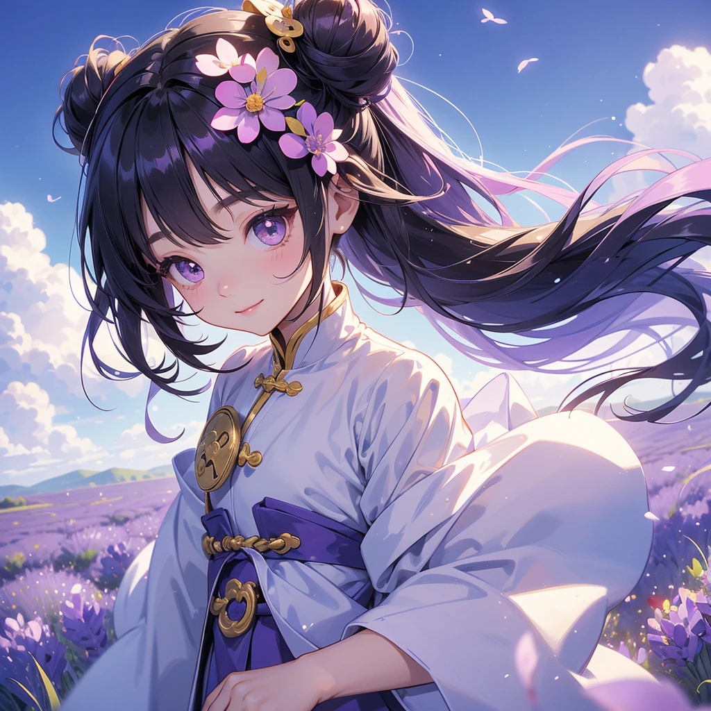 A chibi child girl had a small face and Wearing a little Taoist priest's outfit. A pair of big round eyes shone with curiosity about him. This child was so cute! Stroll among the purple lavender fields , There are some floating clouds, her hair is black with two buns on her hair.small chibi, chibi baby, smiling ,Chibi.