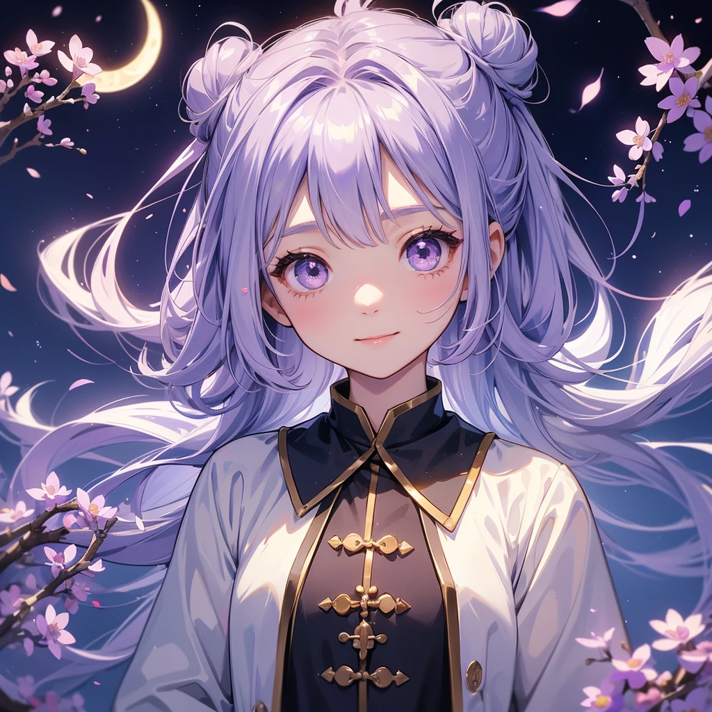 A chibi child girl had a small face and Wearing a little Taoist priest's outfit. A pair of big round eyes shone with curiosity about him. This child was so cute! Stroll among the purple lavender fields , There are some floating clouds, her hair is black with two buns on her hair.small chibi, chibi baby, smiling ,Chibi. 
