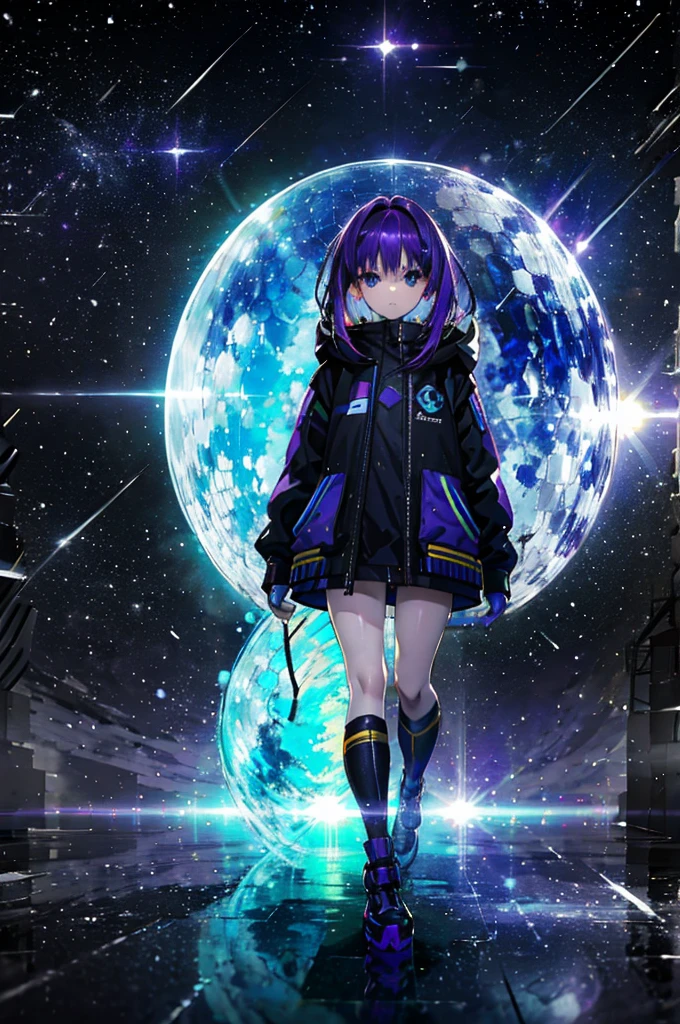 Purple haired girl, about , yellow and blue odd eye, holding purple light, absorbing light, zoom out, galactic fragments