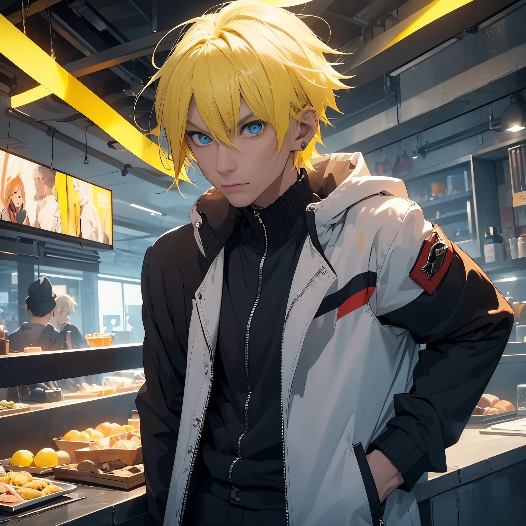 1 ypung man, ((age Around 22 to 27)), ((Yellow Hair, Chiseled face, High cheekbones, Sharp Blue eyes, Athletic body)), wearing Casual Coat, Black millitary Pants, Intimidating aura