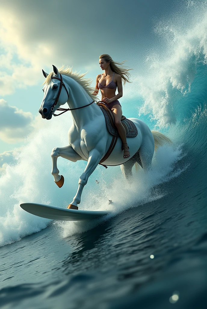 Epic looking woman riding a white horse, that stands on a surfboard and surfs a wave. 