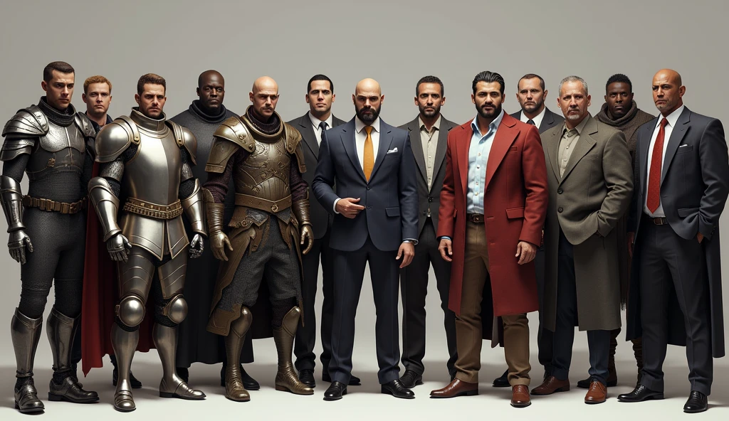 I want to see a lot of different people, including modern soldiers and knights, as well as people in suits and poor people, as well as skinny and muscular people.