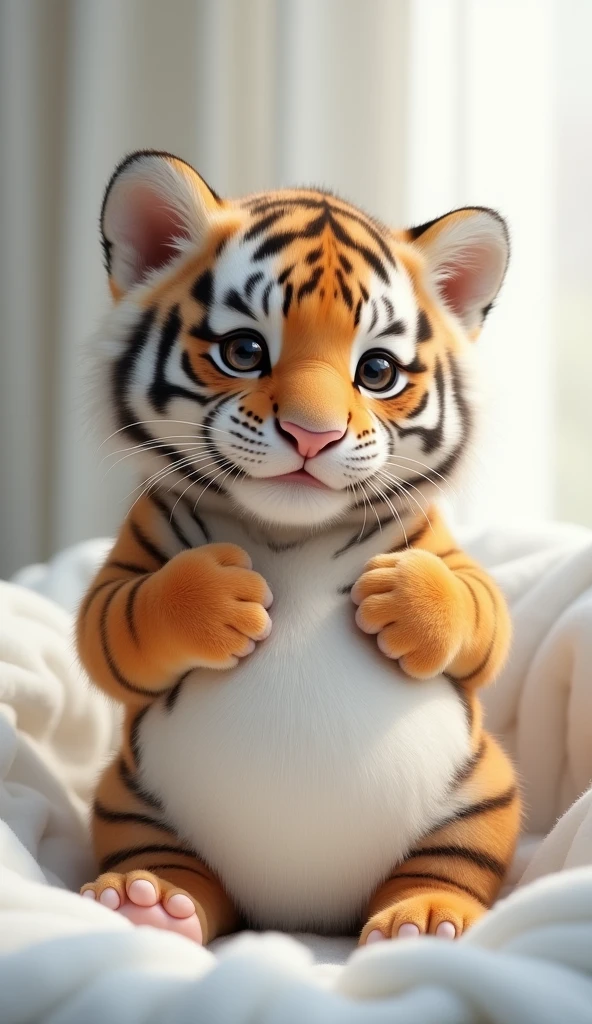 A chubby and cute little tiger baby, Very fat，Pregnant big belly，Big bright eyes, Cute and cuddly，Fluffy, Delicate and exquisite, Real version of tiger cub，The expression is very cute，Two paws touching the belly，Pure white high-end bathroom background
