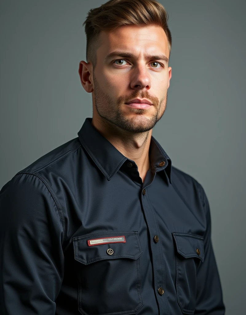 Realistic full body style photo of a handsome 50 year old technical school student with crew cut hair and natural beauty
 
