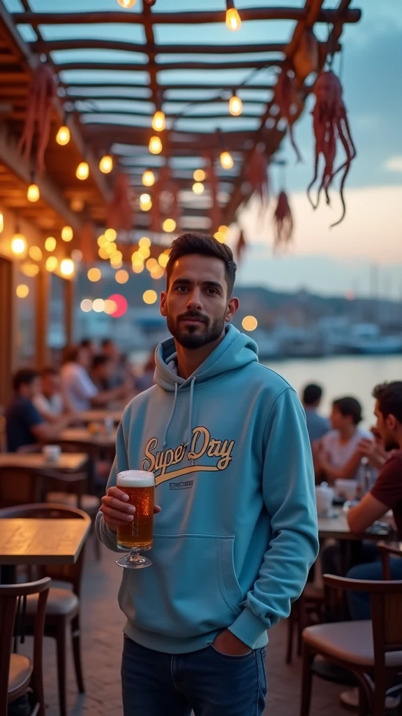 Place se personnage en respectant ses traits physiques et physiologique de la photo sur la terrasse d’un cafe, en plan large, il porte un sweat-shirt à capuche bleu ciel Superdry, le ciel est crépusculaire de soirée. Ambiance de terrasse animée au bord d’un port de pêcheurs, au dessus de la terrasse un pergola et quelques poulpes sèchent sur les barreaux. La terrasse est illuminée par un vielle guirlande à la lumière chaude. Il a de nombreuses tables avec des client buvant leurs verres. Le personnage bois une bière avec une jolie mousse. Ultra détaillé, ultra réaliste, cinématographique, 8k