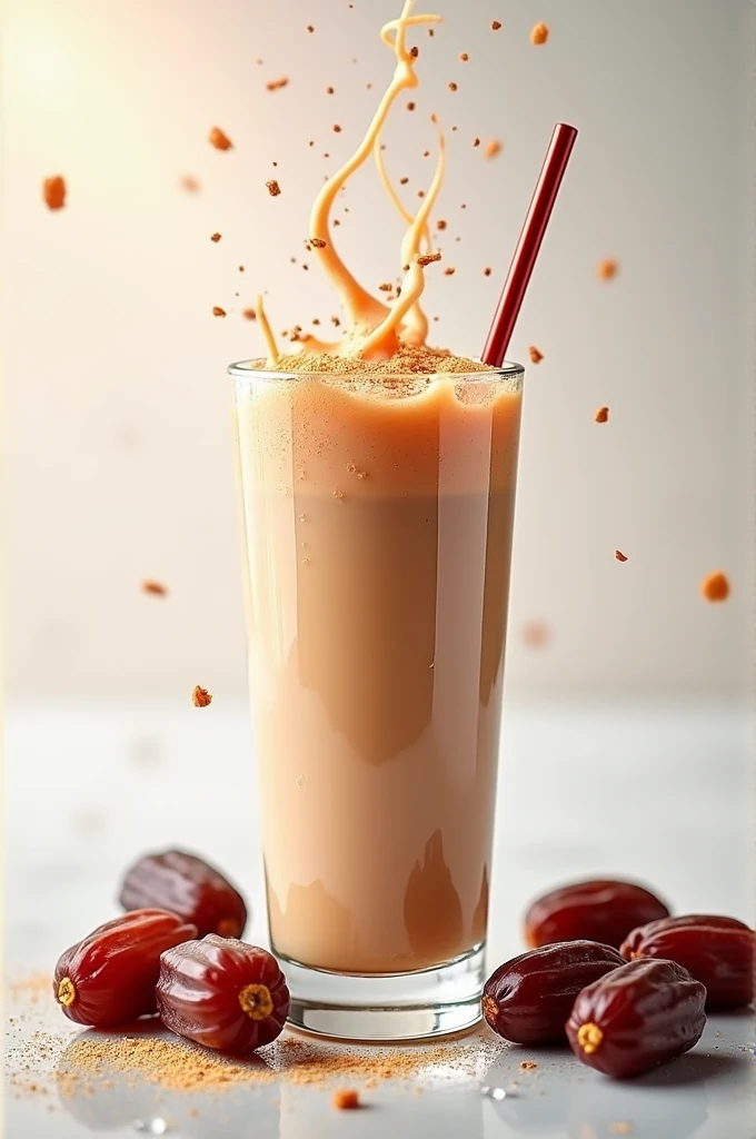 A poster with dates falling in a glass of date milkshake blended in ice and poster name "Kurma Shake"