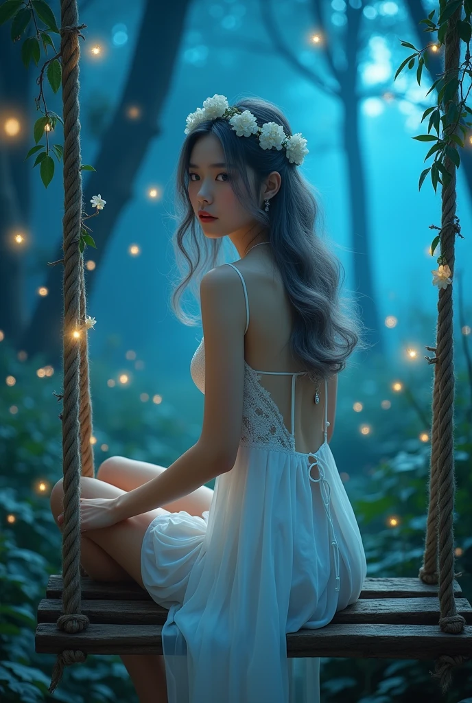 (wide shot, whole body shot), A beautiful korean girl, 20 years old, kpop style, ash grey long wavy hair, white flower headband, blue eyes, sexy body, long legs, wide thigh gap, silver titanium necklace with heart liontin, sitting back view lift the leg on rotten wood swing inside a quiet mystical illuminated fantasy forest, ((hugging own knees:1.3)), glowing blue leafs shing the atmosphere, Lots of bright fireflies flying around above the forest, backlighting, holding swing's ropes that has creeping leaves on it. looking through shoulder, Bare feet, She's wearing transparent white spaghetti strap silky low cut mini night dress, slightly lace dress, cleavage, beautiful butt, ((twisting dress, lifting up high your own dress:1.4)), the dress is just below of her pussy, spreading legs, M-legs, ((open wide legs, spreading legs:1.4)),(((from below, low angle shot:1.4))), beautiful lighting, cinematic, (whole body), (((bright skin:1.4))), ((cinematic lighting:1.3)), bright front studio lighting