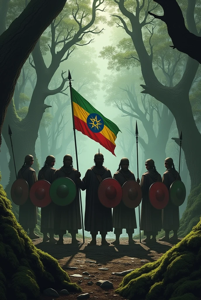 Seven Amhara Fano fighters in a scary jungle with long trees and their logo and flag has green,yellow and red colors respectively.