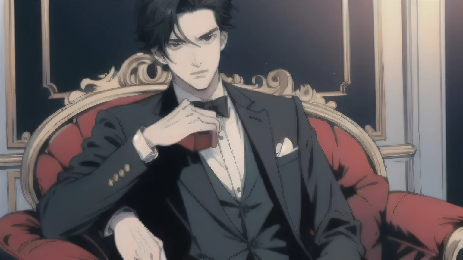 scene of a man in a smart suit holding a phone with a cold expression. He is sitting in a modern office., luxurious