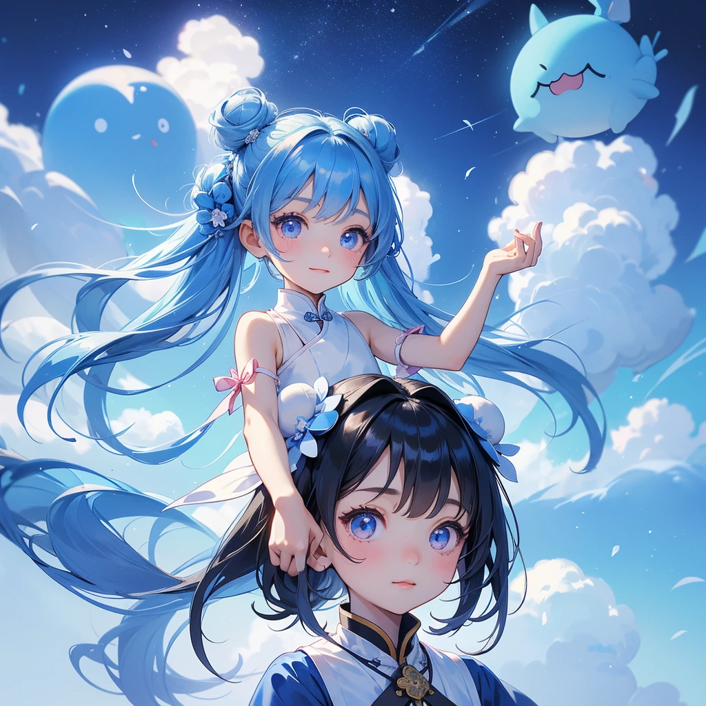 A chibi  girl had a small face and Wearing a little Taoist priest's outfit. A pair of big round eyes shone with curiosity about him. This childso cute! Strolling among the nemophila fields Glowing blue, There are some floating clouds, her hair is black with two buns on her hair.small chibi, chibi baby, smil,Chibi. 