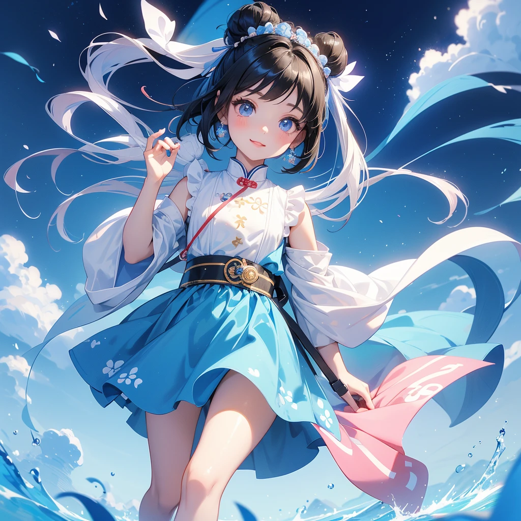 A chibi child girl had a small face and Wearing a little Taoist priest's outfit. A pair of big round eyes shone with curiosity about him. This child was so cute! Strolling among the nemophila fields Glowing blue, There are some floating clouds, her hair is black with two buns on her hair.small chibi, chibi baby, smiling ,Chibi.