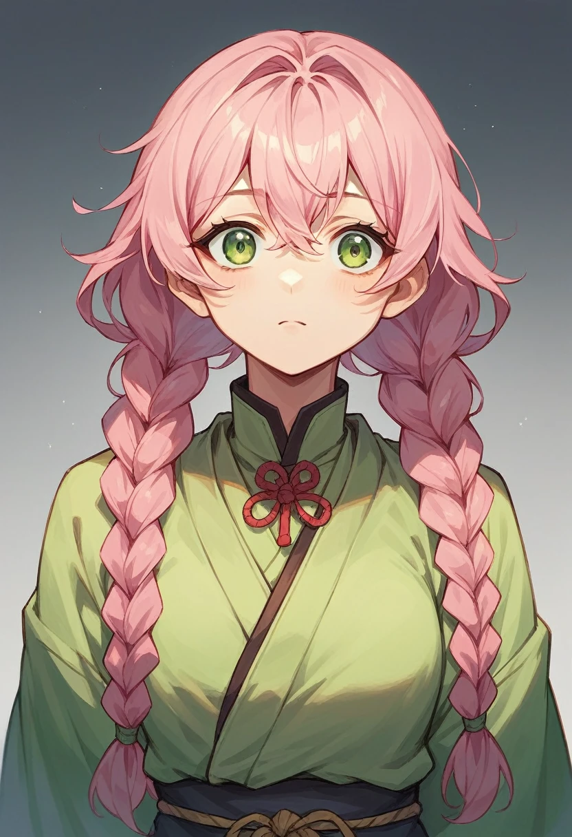 Create an image of Mitsuri kanroji from deamon slayer, pink hair with green tips, thick twin braids