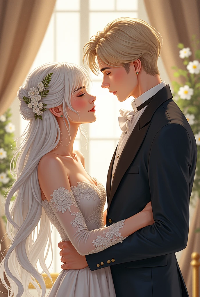 Illustration of the novel Wake Up, Sir, We&#39;re Not Suitable for Each Other. A female character, around 22-25 years old, with beautiful white hair, and a man of the same age, who is a young heir to a wealthy family.