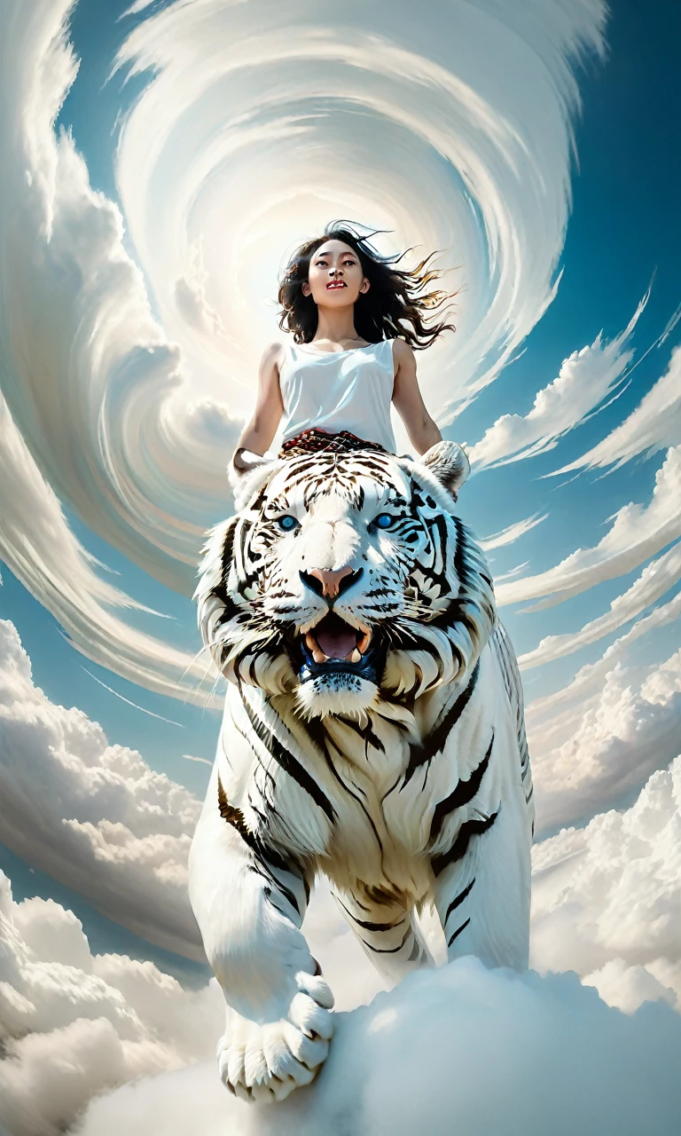 An impressionistic image of a woman astride an enormous white tiger soaring amidst the clouds. The scene is filled with swirling,dreamlike effects that enhance the surreal atmosphere. The composition uses rule of thirds to frame the woman and her majestic mount. Soft focus and a pastel color palette create a fantastical ambiance. Shot with a fisheye lens for a wide-angle perspective.((( big hips, breast)))