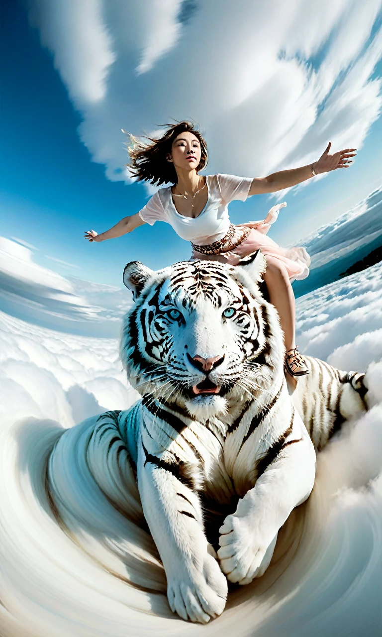 An impressionistic image of a woman astride an enormous white tiger soaring amidst the clouds. The scene is filled with swirling,dreamlike effects that enhance the surreal atmosphere. The composition uses rule of thirds to frame the woman and her majestic mount. Soft focus and a pastel color palette create a fantastical ambiance. Shot with a fisheye lens for a wide-angle perspective.((( big hips, )))