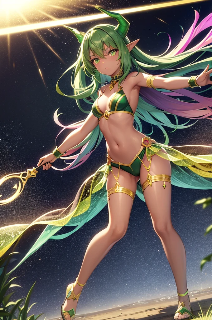 prismatic coloration, holographic environment, young girl, black skin, African-American, Beautiful, elven ears, Serious expression, ponytails, leaf green hair, Heterochromia with deep green & Gold eyes, C-cup, lithe, fit, Modest-attire, full-body, slender legs, beautiful eyes, freckles, leaf green eyebrows, Cute butt, (long straight prismatic Demon horns:1.2), wielding magic wand, Battle stance, grassy aura, mystic black-Green cloak with Golden Floral designs