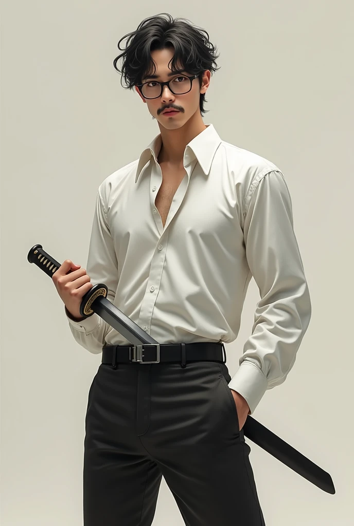 Tall lean man with glasses, young, messy short hair with light mustache, formal white shirt, full body, katana