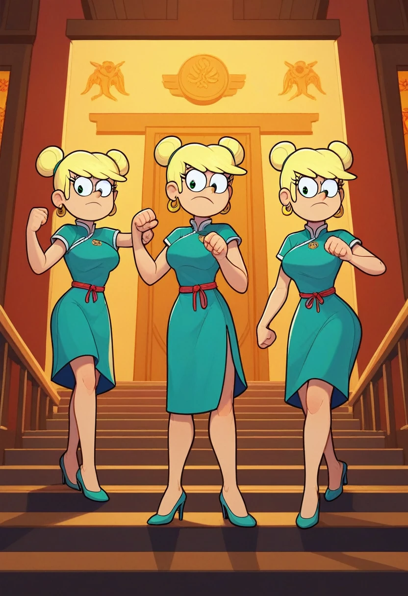 leni loud, 3girls, trio, 24yo girl, large breasts, green cheongsam,  inside of a chinese temple, looking at viewer, blonde hair, two hair buns , hands  score_9, score_8_up, score_7_up, high heels, teep fighting stance,martial arts, stairs behind her, guarding the stairs, a door behind the stair, they are identical twins