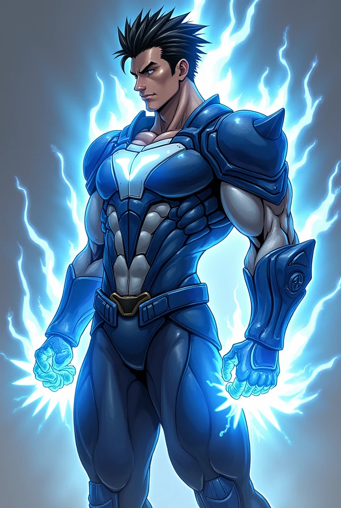 Draw a muscular man in blue combat gear, radiating energy. No, that's not it. He releases energy and shoots rays from his hands. Make him thinner and wear a blue and white combat gear with black hair that stands up.