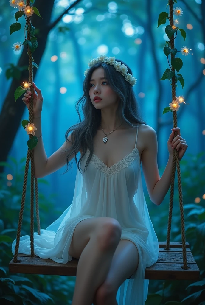 (wide shot, whole body shot), A beautiful korean girl, 20 years old, kpop style, ash grey long wavy hair, white flower headband, blue eyes, sexy body, long legs, wide thigh gap, silver titanium necklace with heart liontin, sitting back view lift the leg on rotten wood swing inside a quiet mystical illuminated fantasy forest, ((hugging own knees:1.3)), glowing blue leafs shing the atmosphere, Lots of bright fireflies flying around above the forest, backlighting, holding swing's ropes that has creeping leaves on it. looking through shoulder, Bare feet, She's wearing transparent white spaghetti strap silky low cut mini night dress, slightly lace dress, cleavage, beautiful butt, ((twisting dress, lifting up high your own dress:1.4)), the dress is just below of her pussy, spreading legs, M-legs, ((open wide legs, spreading legs:1.4)),(((from below, low angle shot:1.4))), beautiful lighting, cinematic, (whole body), (((bright skin:1.4))), ((cinematic lighting:1.3)), bright front studio lighting, detailed angel wings on her back