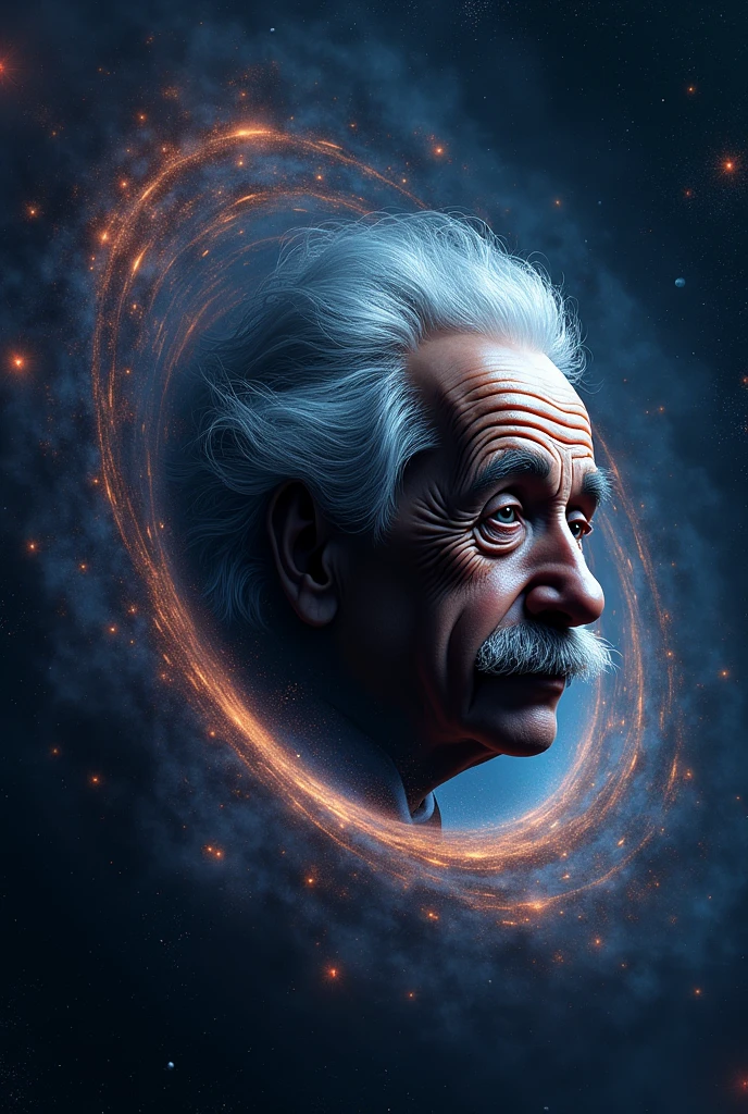 Logo " endless ", Illustration of human stupidity and greed, Einstein's deformed image, background galaxy, Black Hole, Graphics CG Digital Artwork