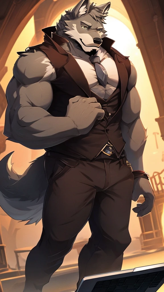 A Muscular Gray Wolf. He is clothless. his right hand holding A Laptop And His Left hand is behind him.