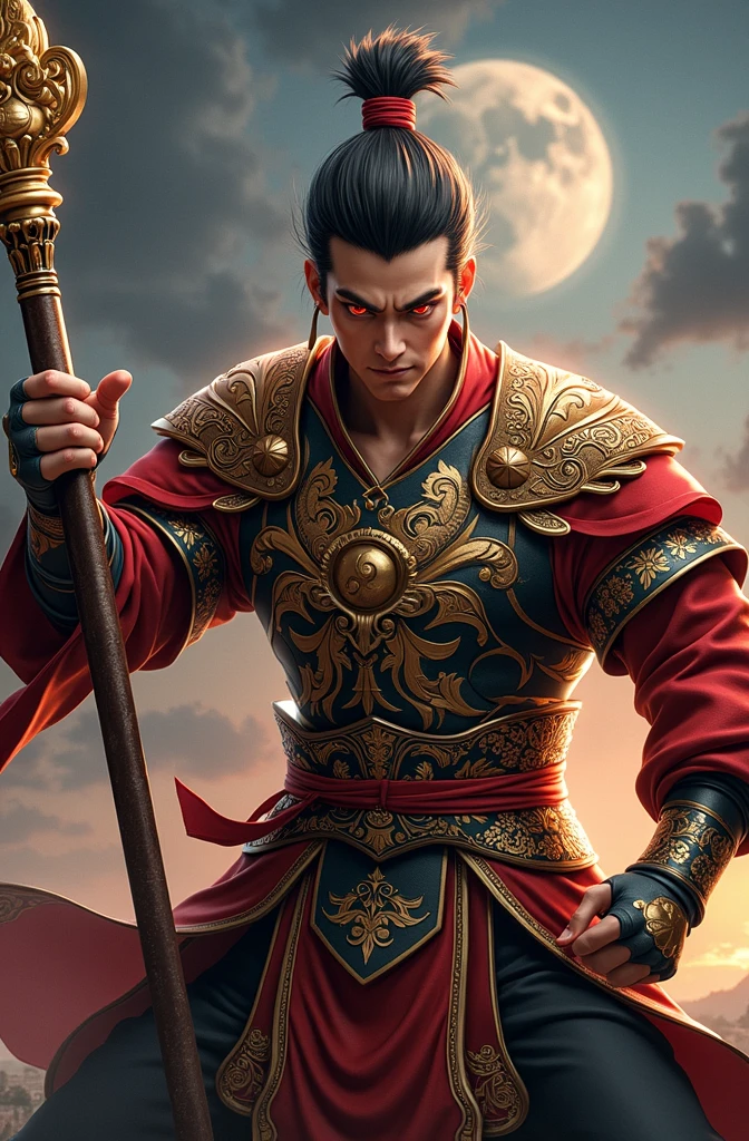 1man, sun wukong, fighting pose, short hair, (best quality,4k,8k,highres,masterpiece:1.2),ultra-detailed,(realistic,photorealistic,photo-realistic:1.37),extremely detailed, powerful, wearing chinese armor, cape, holding golden staff, glowing red eyes, wide smile, full body