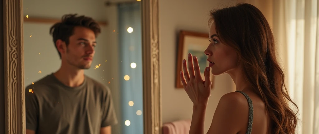 A before and after photo sequence: Image 1 (Left Panel - Before): On the left side, a man in his late 20s with short, dark hair, wearing casual clothing (jeans and a plain t-shirt), stands in front of a mirror. The room is softly lit, with a subtle magical aura—glowing particles floating around him, hinting at the upcoming transformation. His expression shows a mix of curiosity and anticipation.
Image 2 (Right Panel - After): On the right side, the scene is the same, but the man has transformed into a woman. She has long, flowing hair and is dressed in a stylish outfit, like a bikini. The magical aura has intensified, with more glowing particles around her. Her expression is one of surprise and amazement as she touches her new face, exploring her transformed features.