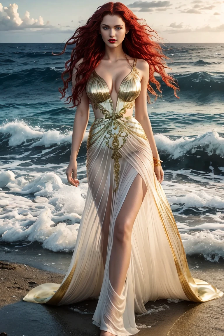 dramatic mythological scene, standing out from the wavy stormy sea with waist up, sexy beautiful perfect shape, full body Greek goddess Persephone's, red long wavy hair, green eyes red lips big breast, white gold embroidered translucent airy dress, gold silver jewelry, hair body clothes wet,