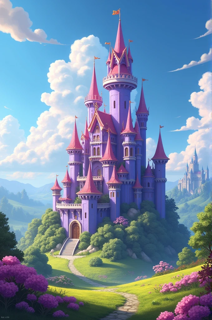Purple castle with pink on a beautiful day