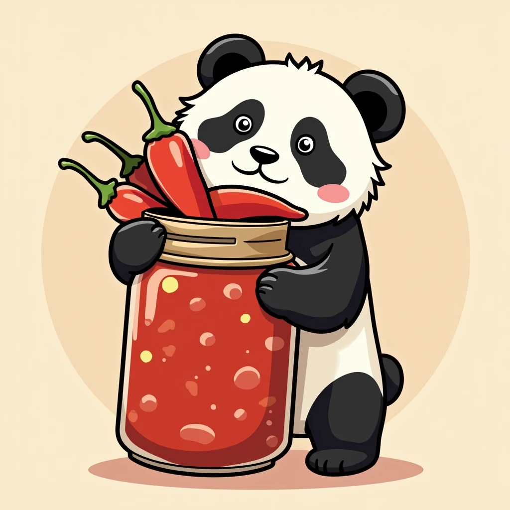 Design a logo，The main theme is a cute panda holding a large sauce jar filled with chili peppers.，（The panda holds three bunches of peppers：1.5），
