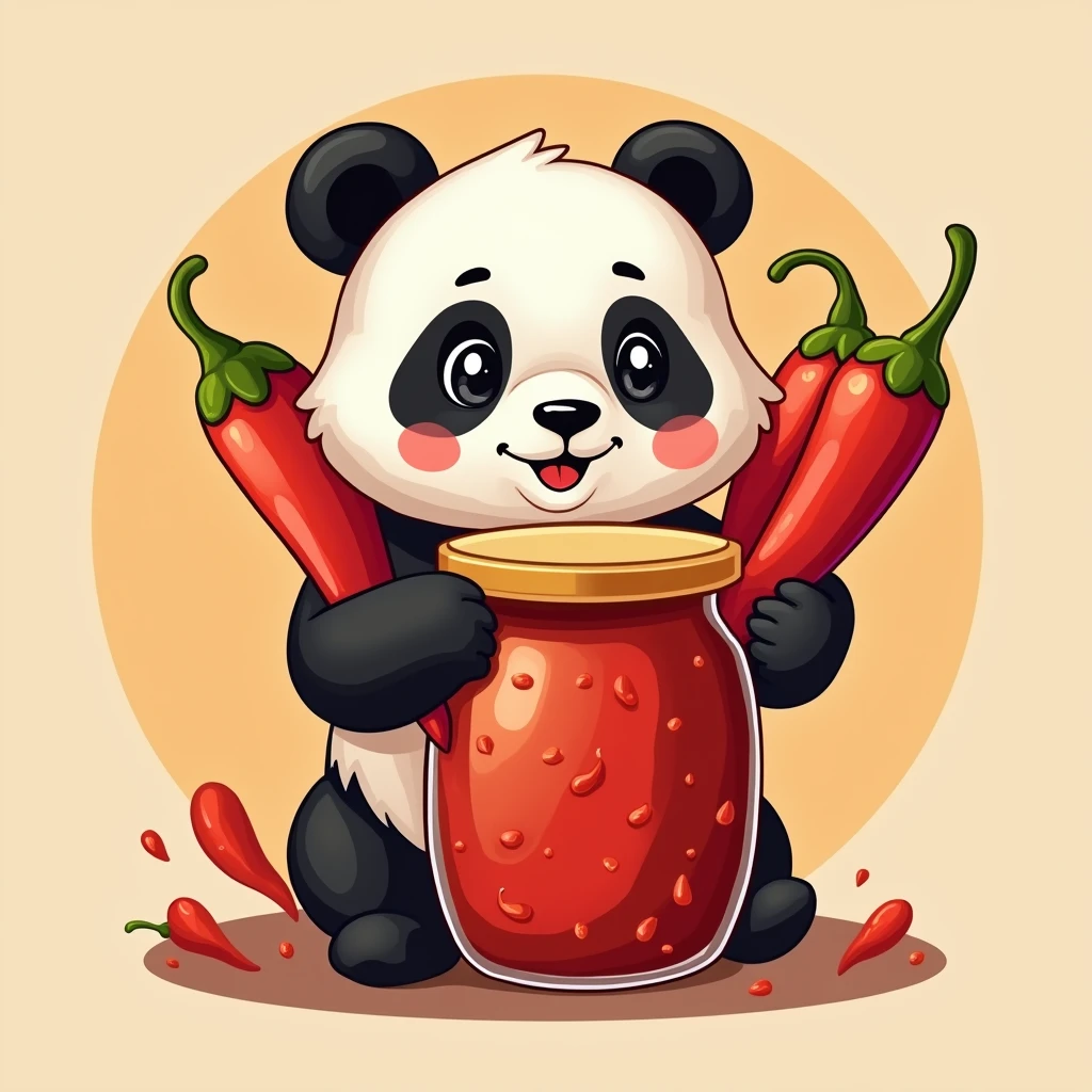 Design a logo,The main theme is a cute panda holding a large sauce jar filled with chili peppers.,(The panda holds three bunches of peppers:1.5),
