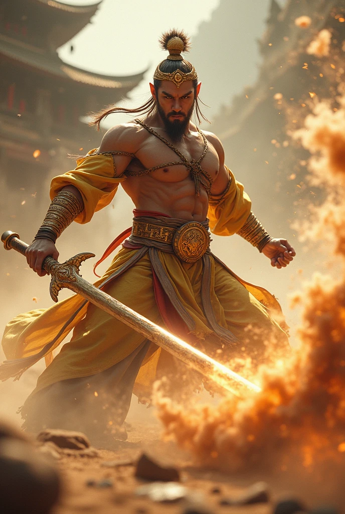 Create a dynamic and cinematic image of Sun Wukong, the Monkey King, wielding his magical staff, Ruyi Jingu Bang. Sun Wukong, adorned with his iconic golden crown and ornate accessories, stands in the background at a dramatic angle. He strikes the staff forcefully on the ground with both hands, causing a powerful impact. This action sends a swirling cloud of sand and dust into the air, accentuating the motion and raw power of the scene. The staff extends dramatically towards the foreground, enhancing the sense of depth and intensity.