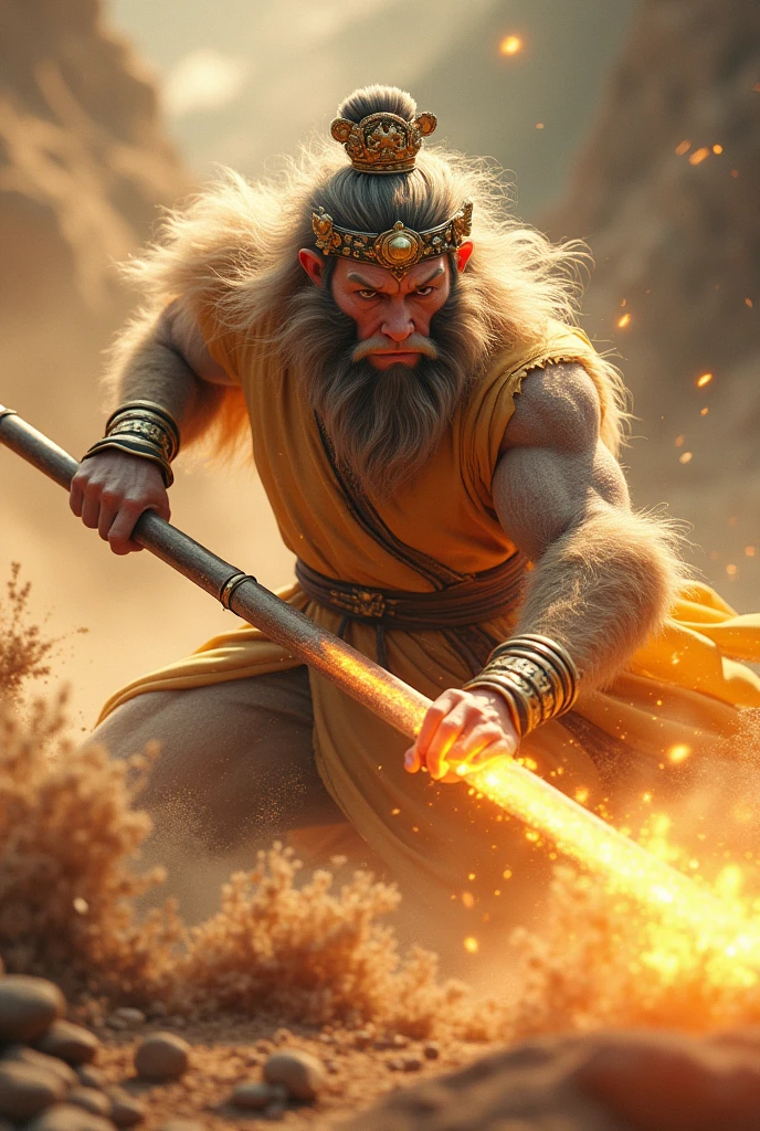 Create a dynamic and cinematic image of Sun Wukong, the Monkey King, wielding his magical staff, Ruyi Jingu Bang. Sun Wukong, adorned with his iconic golden crown and ornate accessories, stands in the background at a dramatic angle. He strikes the staff forcefully on the ground with both hands, causing a powerful impact. This action sends a swirling cloud of sand and dust into the air, accentuating the motion and raw power of the scene. The staff extends dramatically towards the foreground, enhancing the sense of depth and intensity.